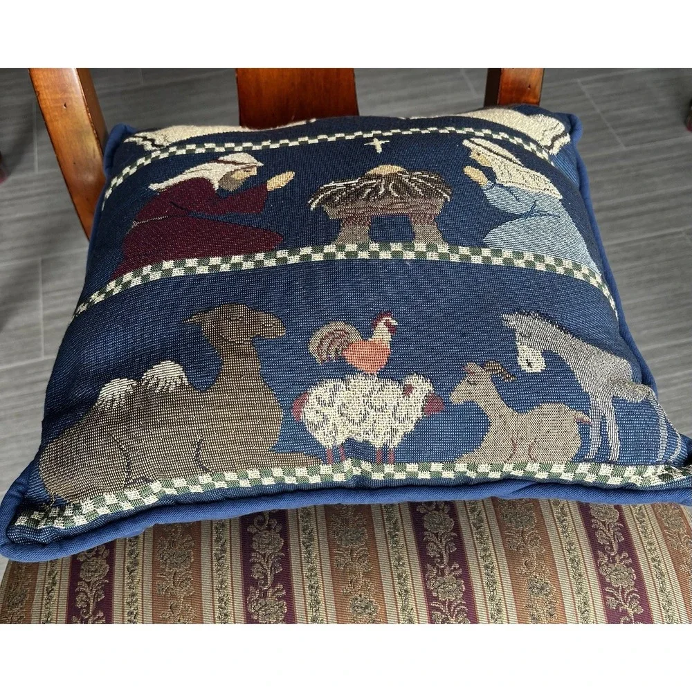 Nativity Tapestry Pillow Jesus Mary Joseph Manger Angels Animals Christmas 16x16